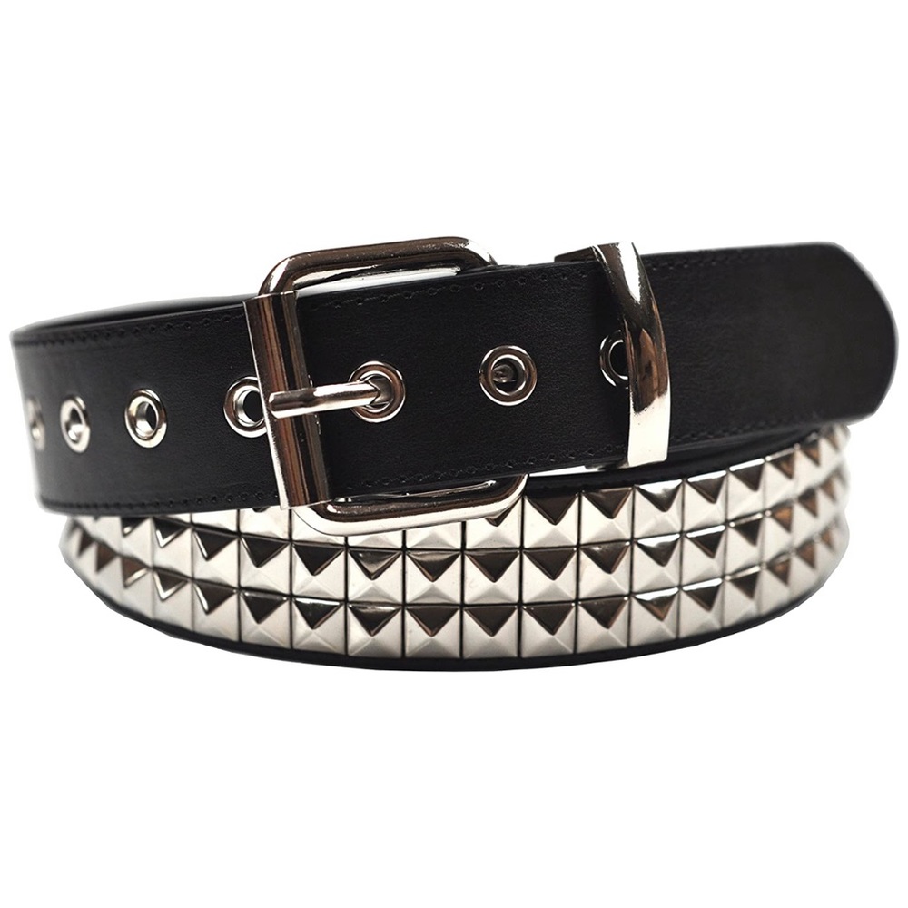 3 row pyramid gothic black leather studded belt